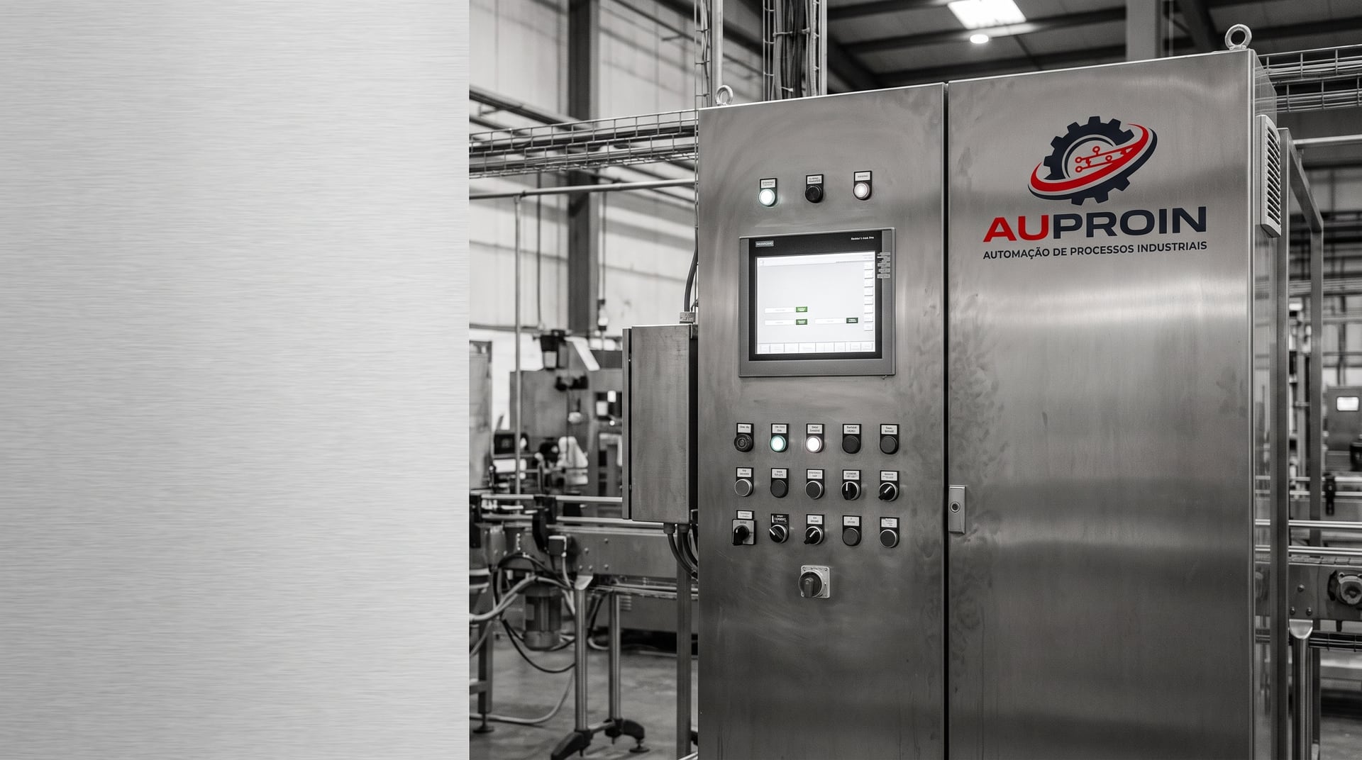 Painel de comando industrial em aço inox com IHM, identificado com a marca AUPROIN